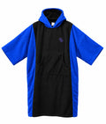 Black and blue Wetsuit Warehouse hooded towel poncho with short sleeves, front kangaroo pocket and embroidered logo