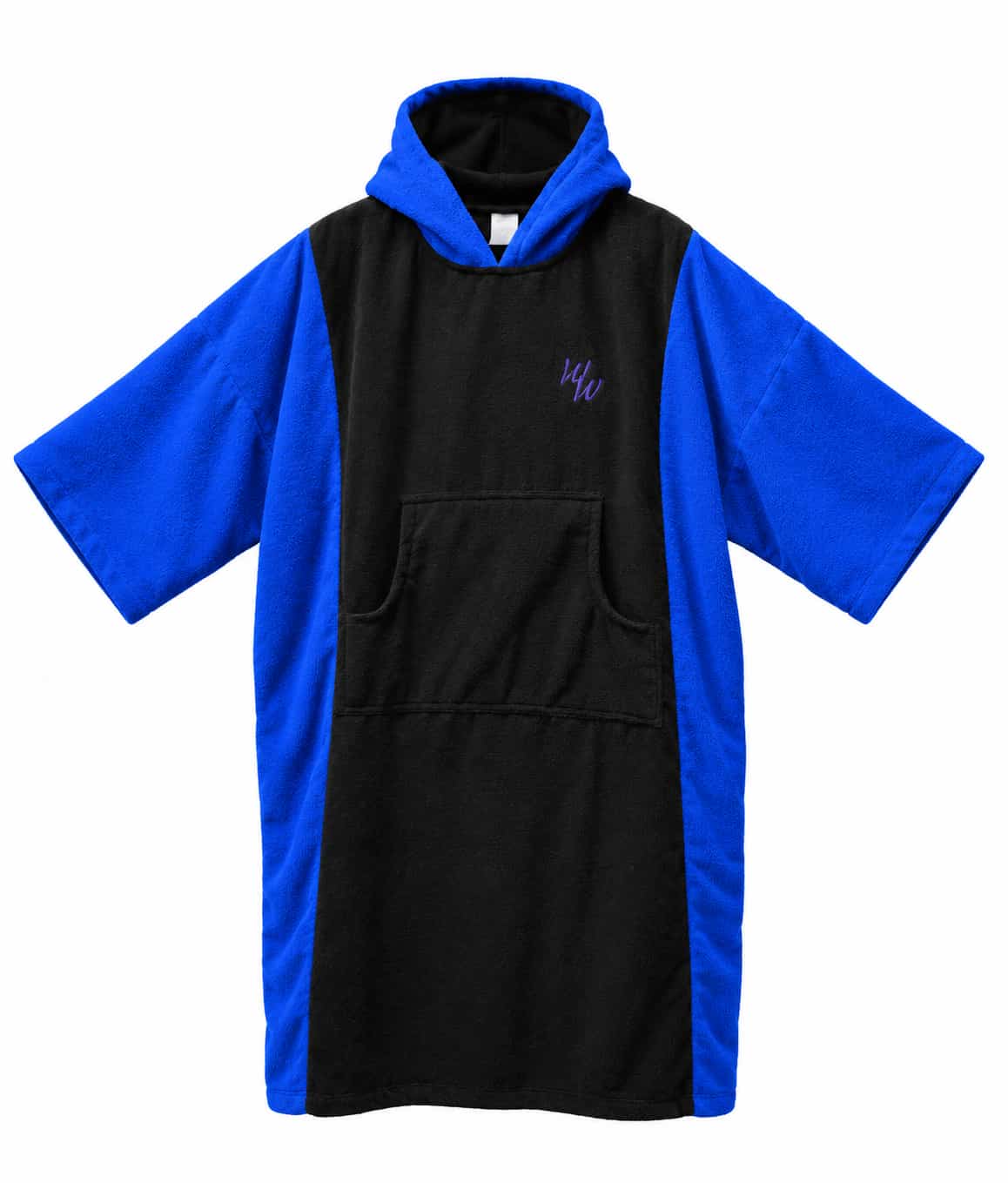 Black and blue Wetsuit Warehouse hooded towel poncho with short sleeves, front kangaroo pocket and embroidered logo