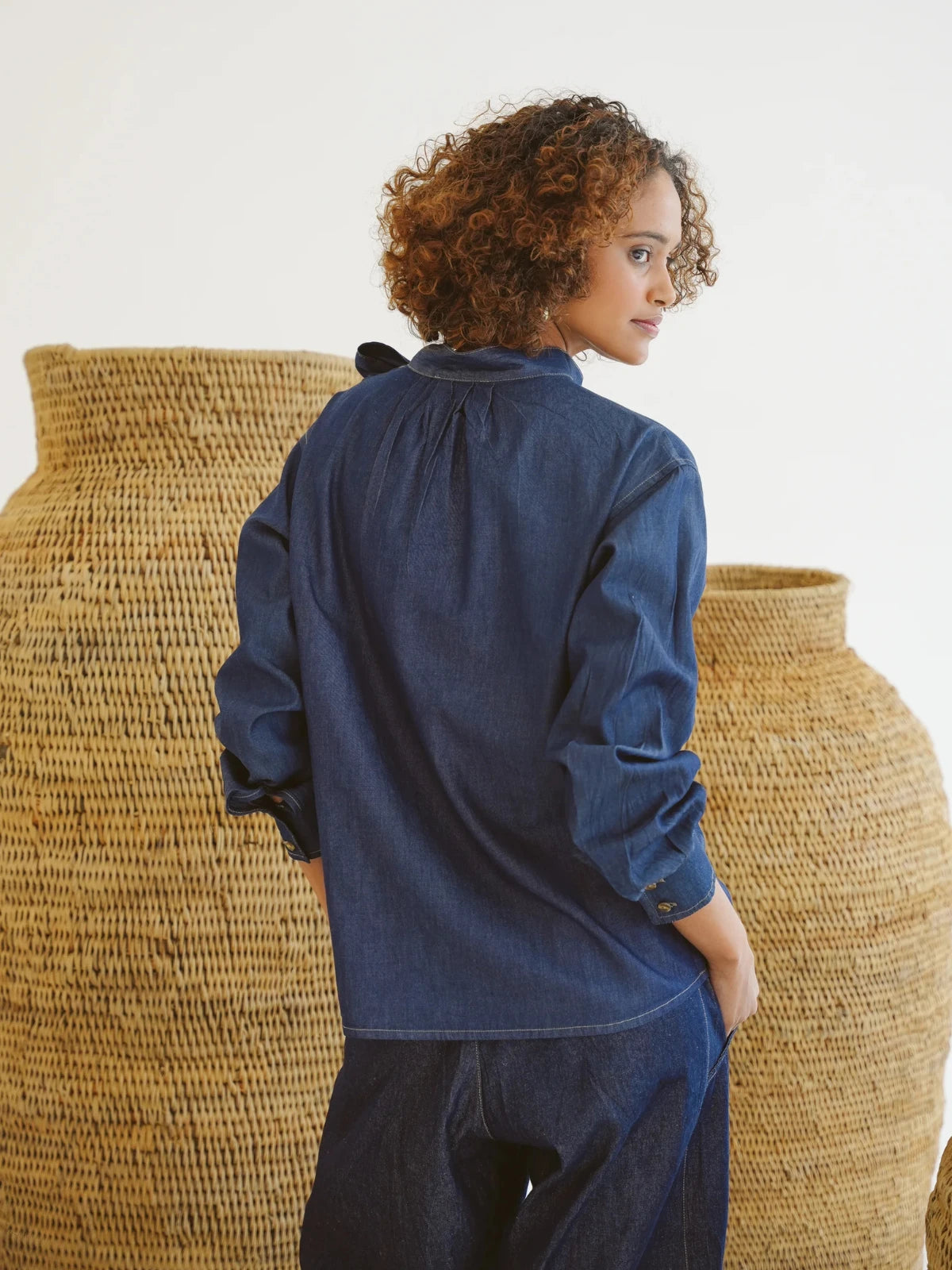 Just Cruizin Ladies Blouse - Kitty Denim Billowy Blouse