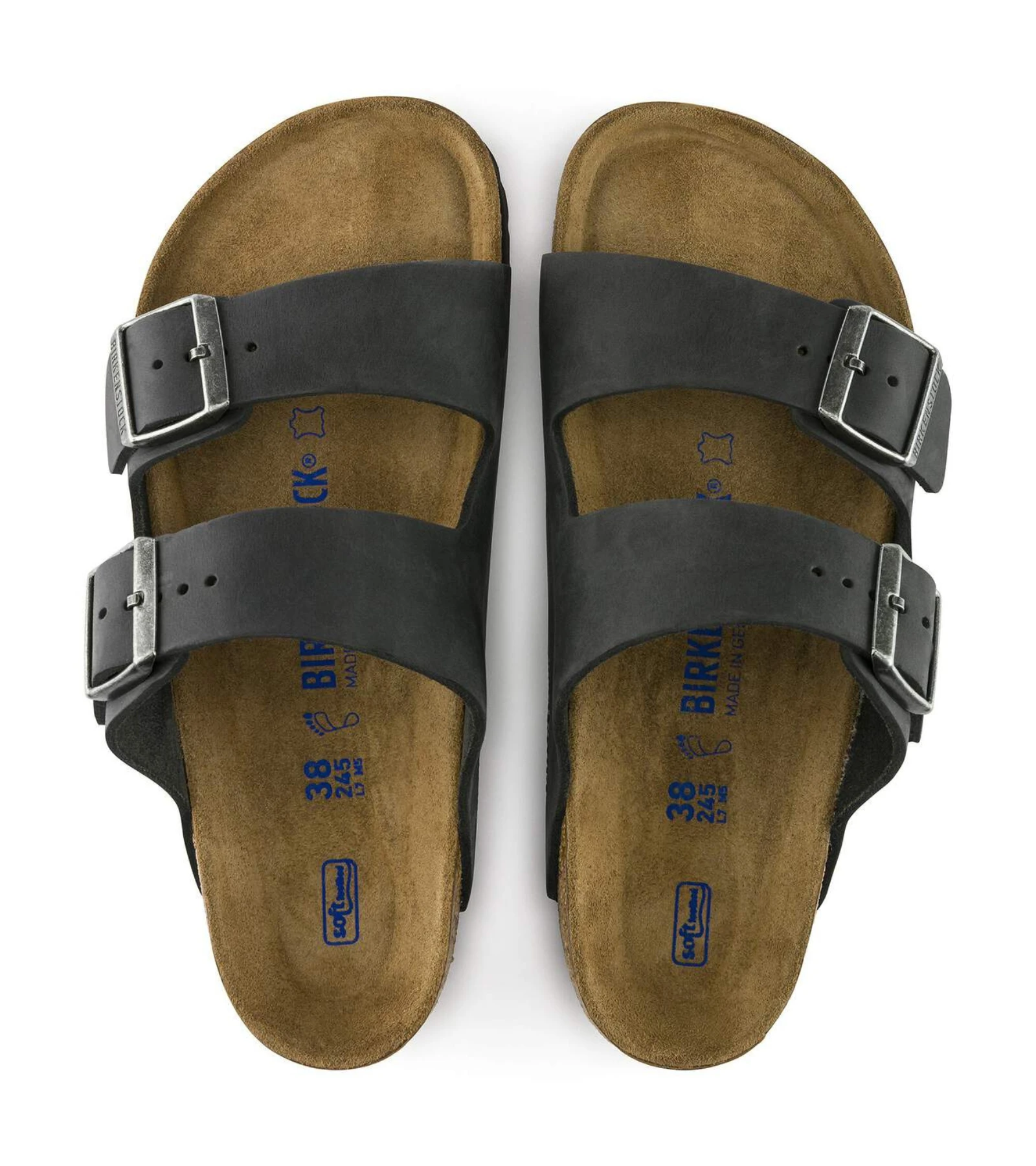 Oiled nubuck leather Arizona sandal with two adjustable straps and metal pin buckles.